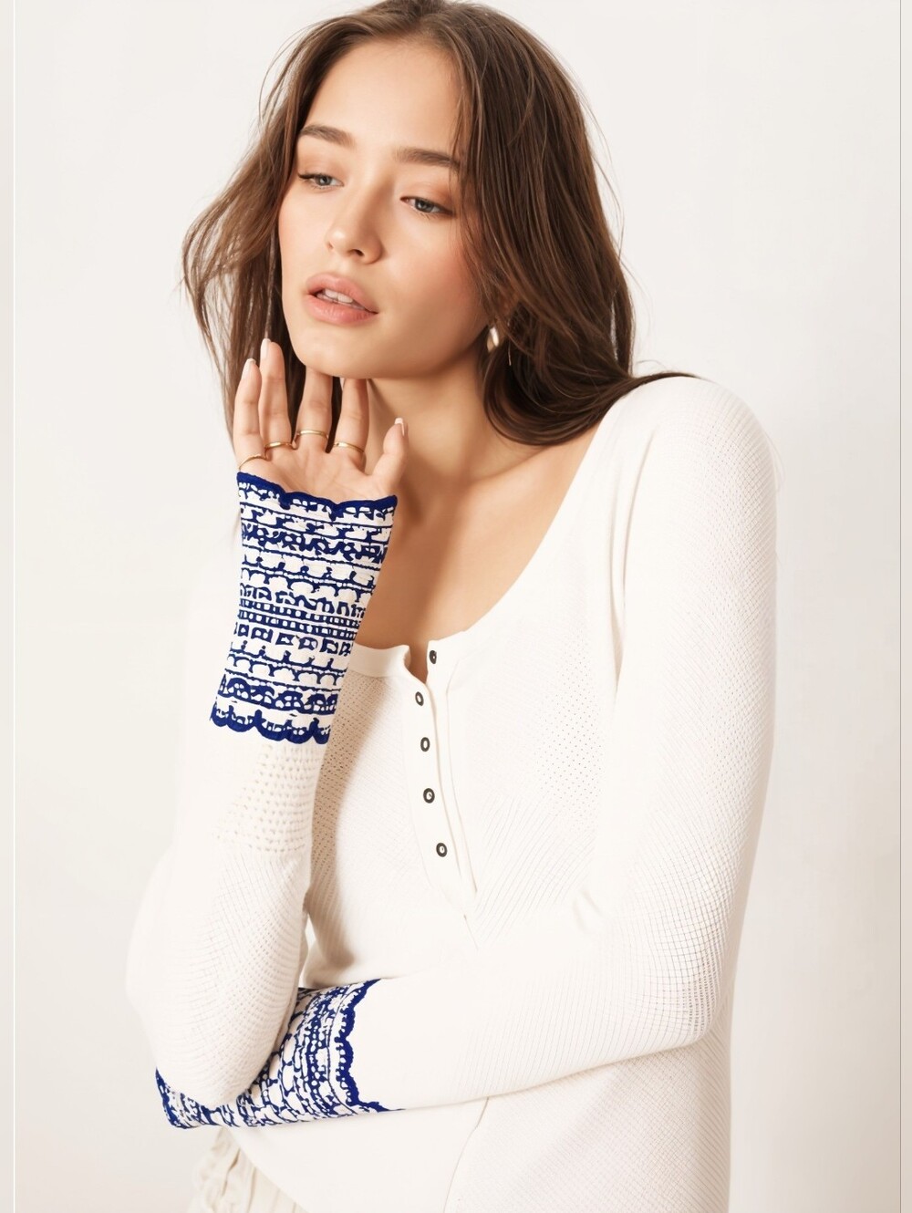 Free People Newbie Ski Lodge Off-White Henley Top with Crochet Knit Cuffs